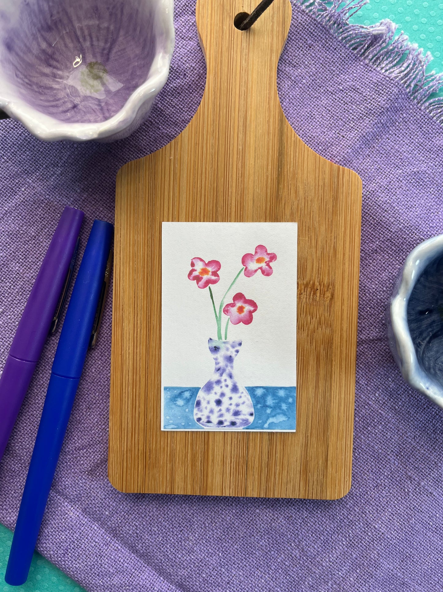 Speckled purple vase with flower trio - watercolor