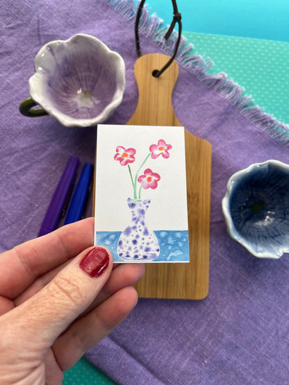 Speckled purple vase with flower trio - watercolor