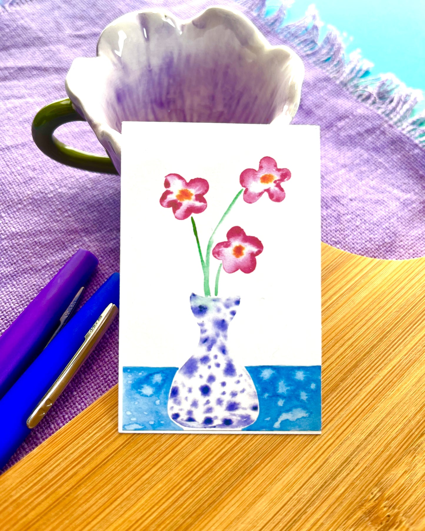 Speckled purple vase with flower trio - watercolor