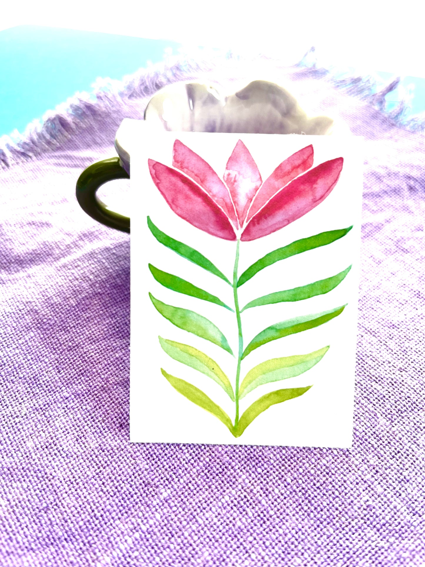 Zen flower - Watercolor stylized lotus flower with green leaves