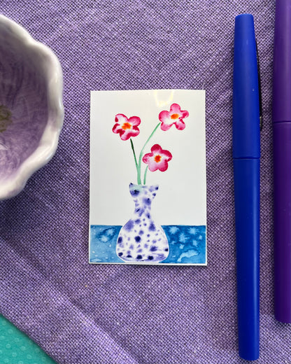 Speckled purple vase with flower trio - watercolor