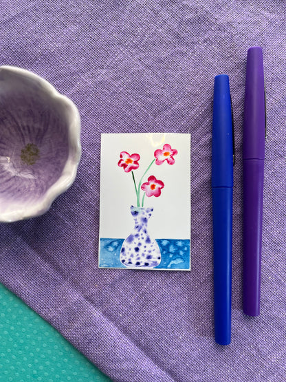 Speckled purple vase with flower trio - watercolor