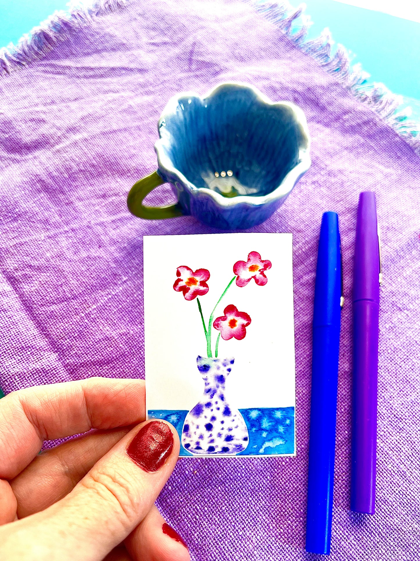 Speckled purple vase with flower trio - watercolor