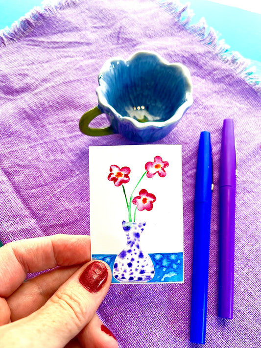Speckled purple vase with flower trio - watercolor