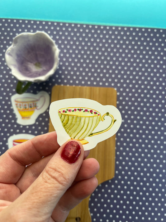Watercolor Teacup - Green Stripe floral