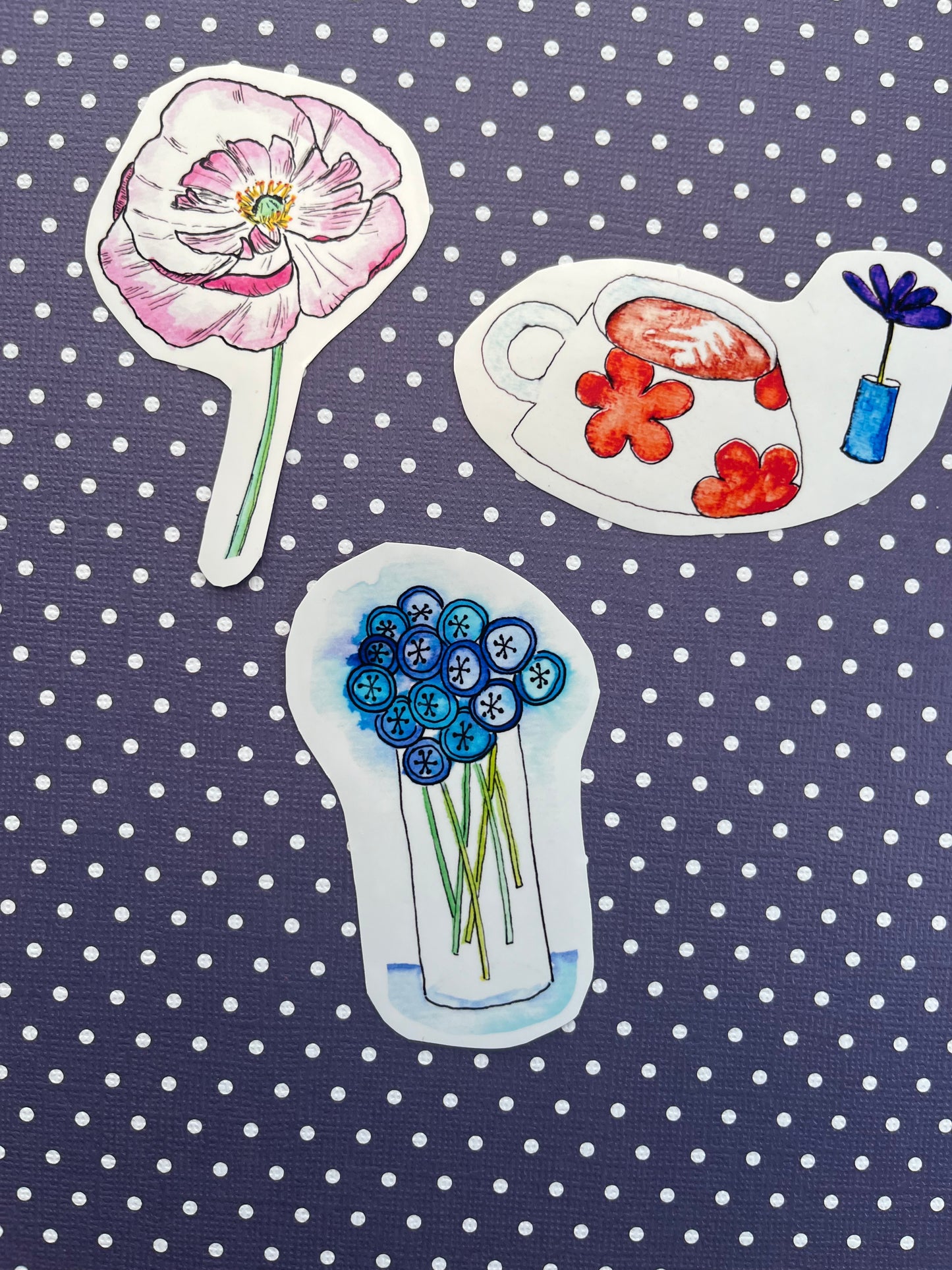 Quirky latte and flower sticker - watercolor and pen