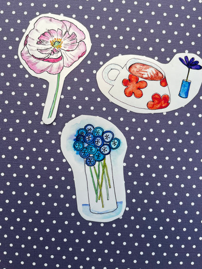Quirky latte and flower sticker - watercolor and pen