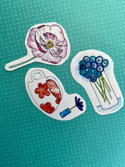 Quirky latte and flower sticker - watercolor and pen
