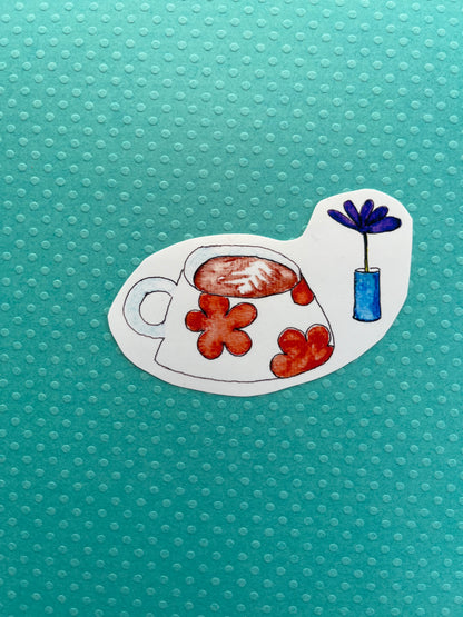 Quirky latte and flower sticker - watercolor and pen
