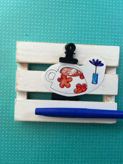 Quirky latte and flower sticker - watercolor and pen