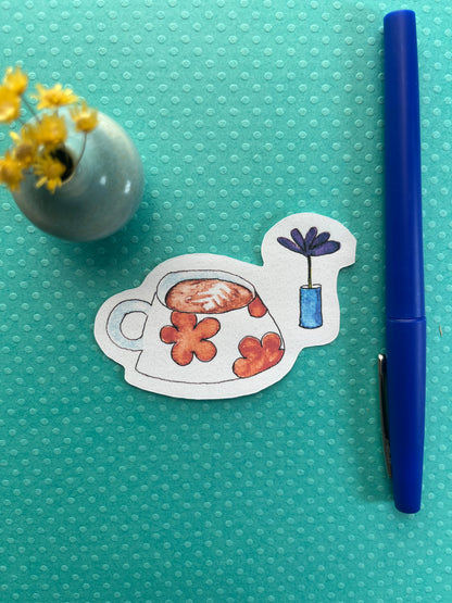 Quirky latte and flower sticker - watercolor and pen