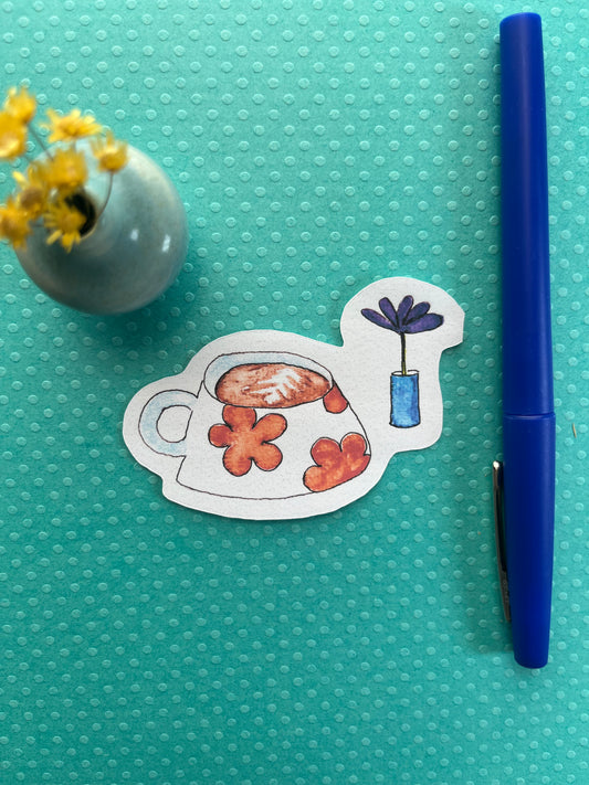 Quirky latte and flower sticker - watercolor and pen