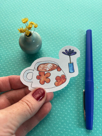 Quirky latte and flower sticker - watercolor and pen