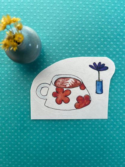 Quirky latte and flower sticker - watercolor and pen