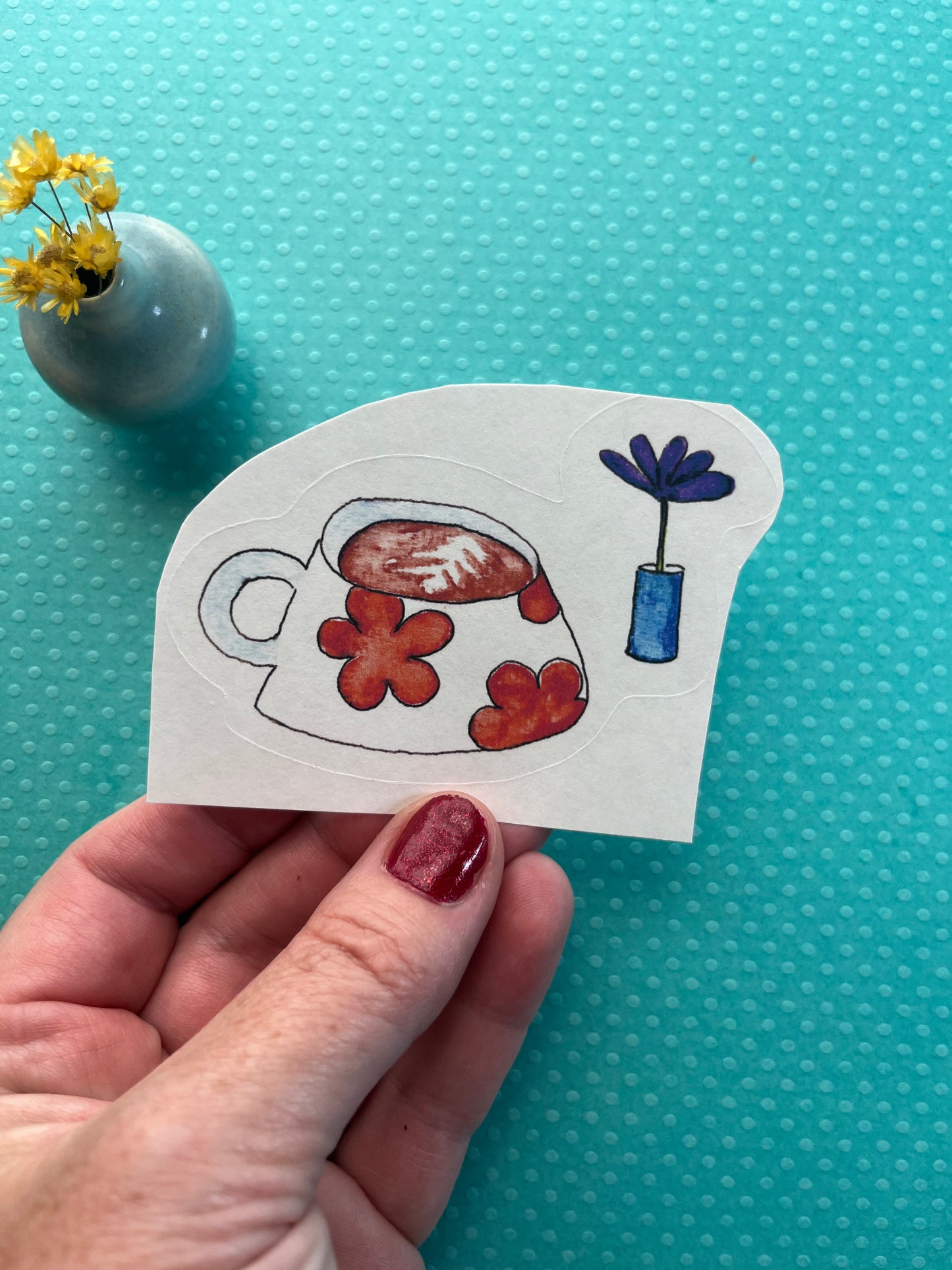 Quirky latte and flower sticker - watercolor and pen