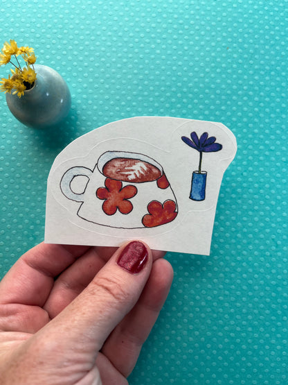 Quirky latte and flower sticker - watercolor and pen